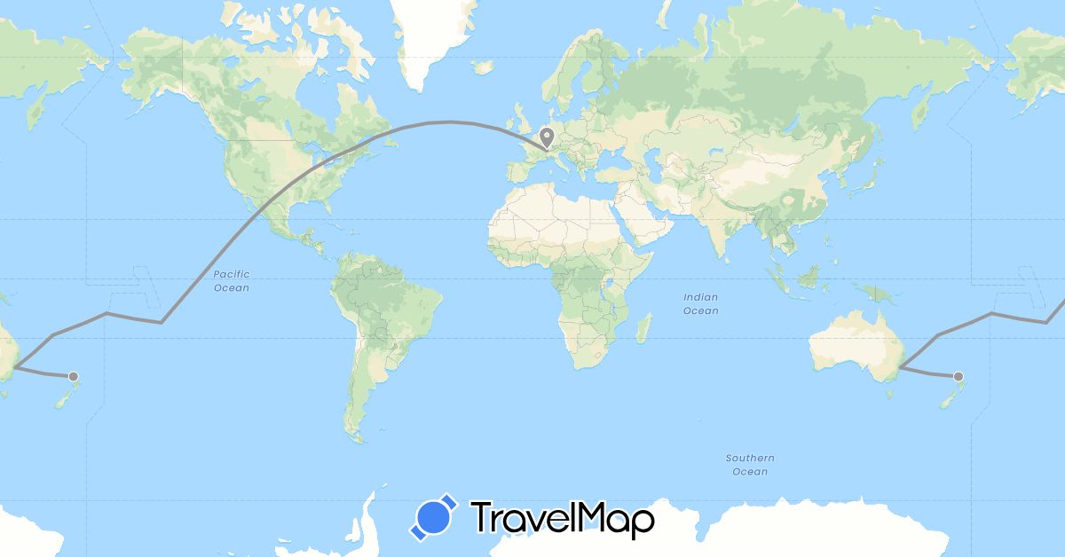TravelMap itinerary: driving, plane in Australia, Canada, Switzerland, France, New Zealand, Samoa (Europe, North America, Oceania)